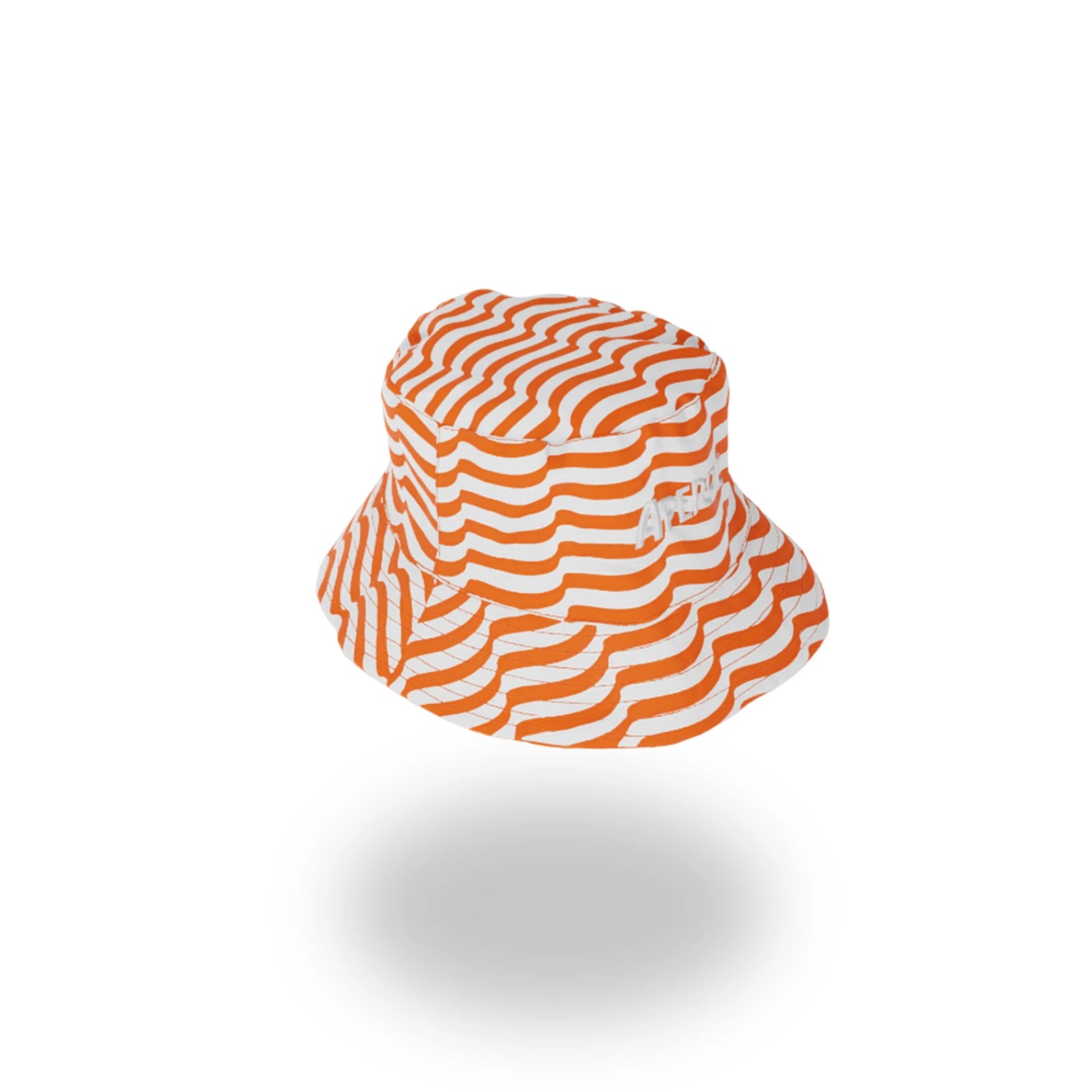 Side view of an Aperol bucket hat with a bold orange and white wavy stripe pattern. The embroidered white "APEROL" logo is partially visible, positioned on the right side.